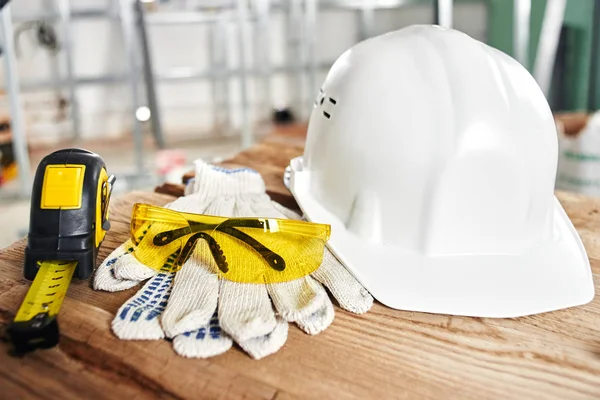 Home Repairs Construction Tools Bricks Helmet Wooden Table — Stock Photo, Image