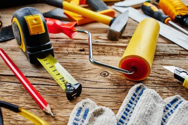 Conjunto Herramientas Construcción Sobre Fondo Madera —  Fotos de Stock