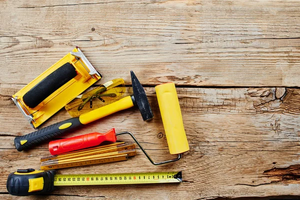 Serie Strumenti Costruzione Uno Sfondo Legno Vista Dall Alto — Foto Stock