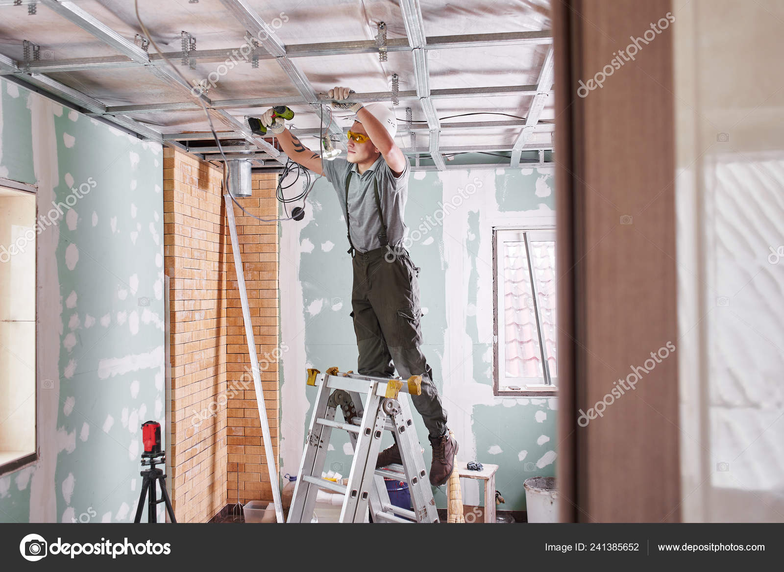 Room Repair Interior Finish Young Builder Makes Plasterboard