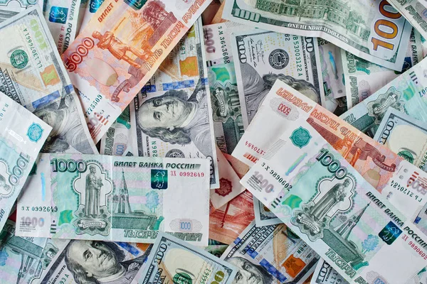 Rublos Dólares Fundo Papel Dinheiro Russo Americano — Fotografia de Stock