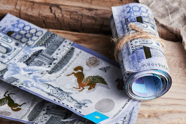 Tenge Kasachstan Papiergeld Auf Einem Hölzernen Hintergrund — Stockfoto