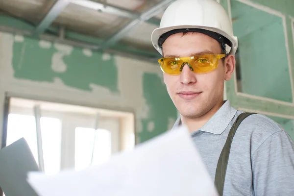 Reparação Quartos Construtor Capacete Óculos Fica Com Laptop Desenhos Suas — Fotografia de Stock