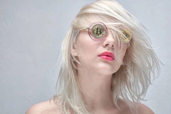 Beautiful Young Blond Woman Red Lips Glasses Bitcoins White Background Stock Picture