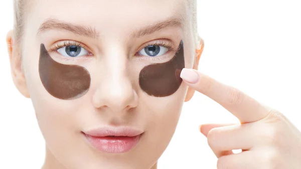 Beautiful Young Blond Woman Shows Fingers Eye Patches Black Color — Stock Photo, Image