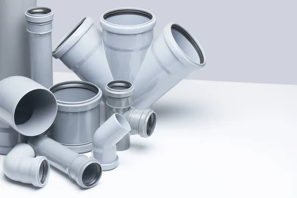 Plumbing Sewage Gray Polypropylene Tubes White Background Futuristic Style — Stock Photo, Image