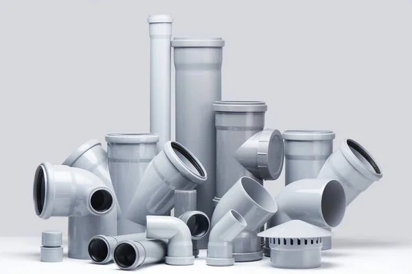 Plumbing Sewage Gray Polypropylene Tubes White Background Futuristic Style — Stock Photo, Image