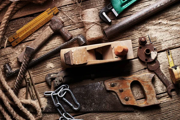 Diy Pile Old Work Tools Accessories Wooden Table Workshop Yourself — Stock Photo, Image