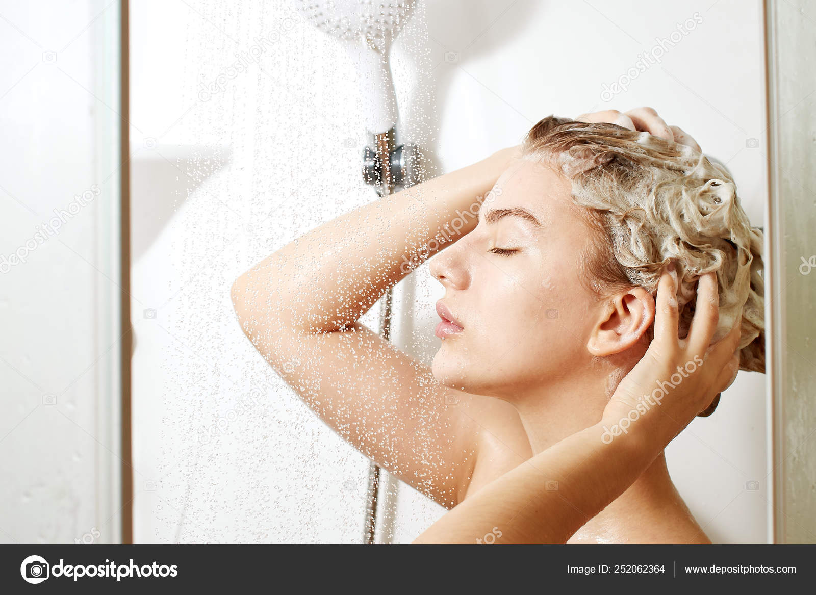 Beautiful Satisfied European Woman Washes Away Shampoo Head Hair Bathroom  Stock Photo by ©amixstudio 252062364