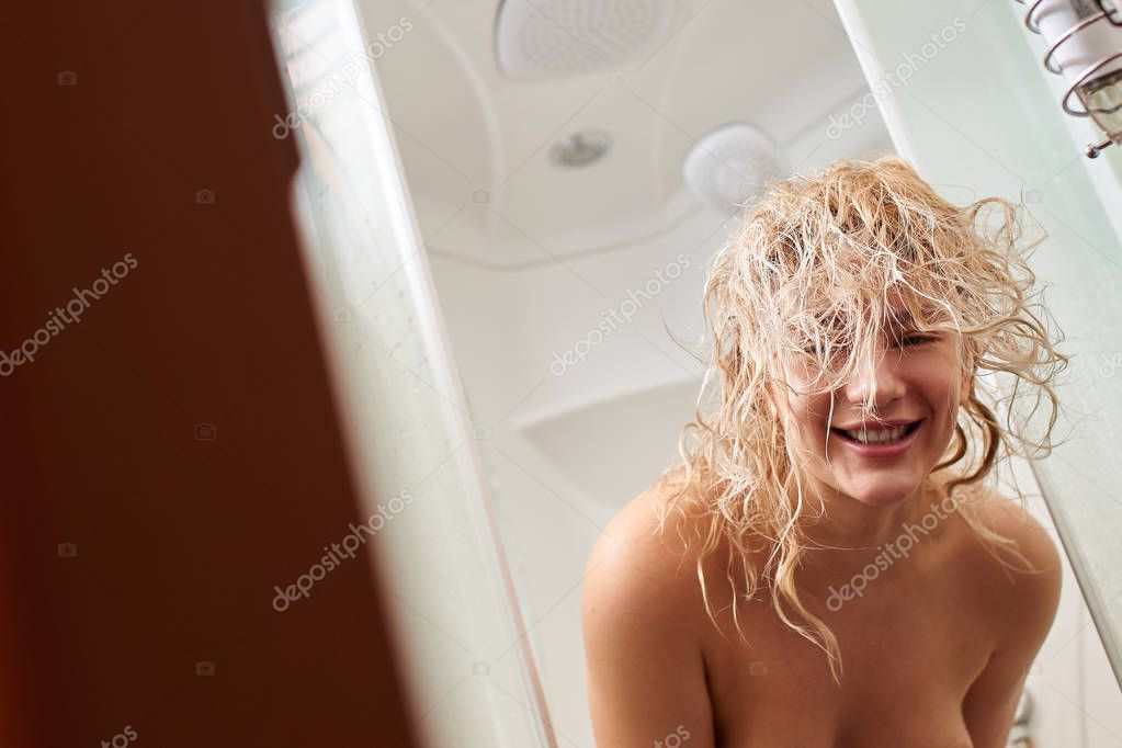 Shower curly messy brunette