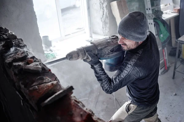 Man Worker Breaks Brick Wall Jackhammer Builds Repairs His House — Stock Photo, Image
