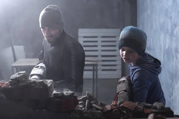 Man Worker His Boy Son Child Breaks Brick Wall Jackhammer — Stock Photo, Image