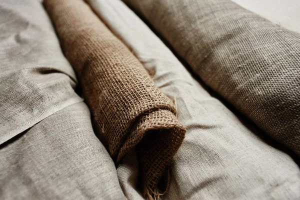 Natural Fabrics Organic Colors Flax Cotton Rolls Homespun Textile Handmade — Stock Photo, Image
