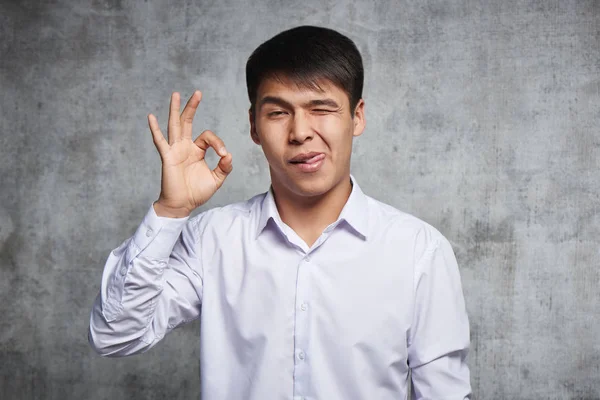 Young Handsome Asian Shows His Fingers Gesture Everything Joyful Happy — 스톡 사진