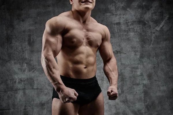 Sexy Bodybuilder Man Posing Dark Background Black Shorts Handsome Pumped — Stock Photo, Image