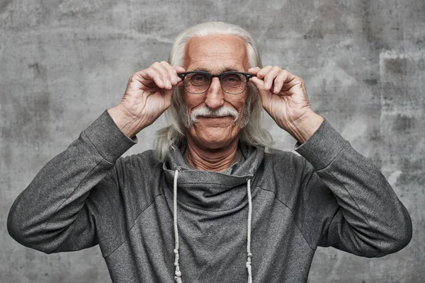 Old Man Gray Hair Mustache Sees Better Glasses Blind Smiles — Stock Photo, Image