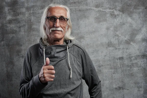 Modern Gray Haired Caucasian Old Man Mustache Shows Thumb Smiles — Stock Photo, Image