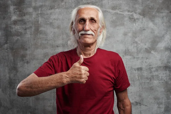 Modern Gray Haired Caucasian Old Man Mustache Red Shirt Shows — Stock Photo, Image