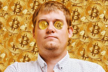 Funny fat man with bitcoins in the eyes against the background of virtual digital money. Concept of greed, vanity, wealth and stinginess clipart