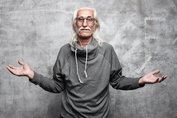 Gray Haired Caucasian Grandfather Blank Face Spreads His Arms Side — Stock Photo, Image