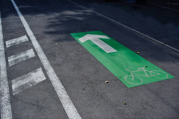 Cycle path in the city, green sign on asphalt