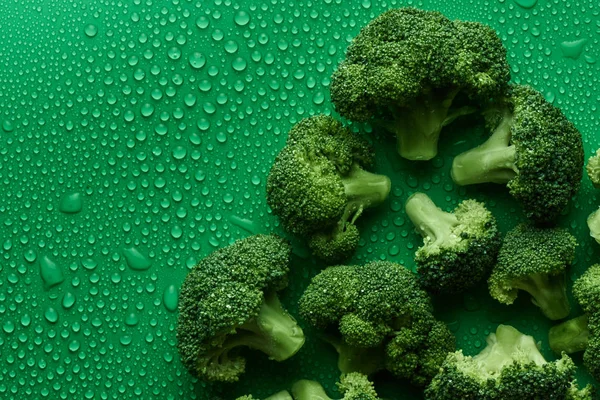 Fresh Raw Broccoli Green Background Copy Space Top View Concept — Stock Photo, Image