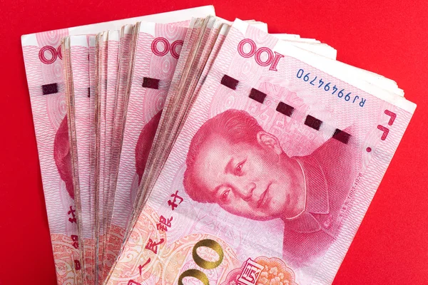Yuan Κινέζικα Χρήματα Rmb Κόκκινο Φόντο — Φωτογραφία Αρχείου