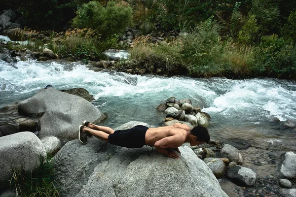 Kazakh Muscular Athlete Man Trains Exercises River Nature Asian Handsome — Stock Photo, Image