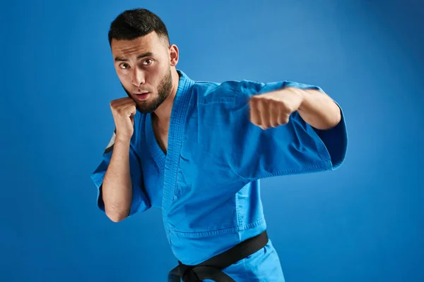Asian Kazakh Karate Fighter Kimono Uniform Combat Blue Background Copy — Stock Photo, Image