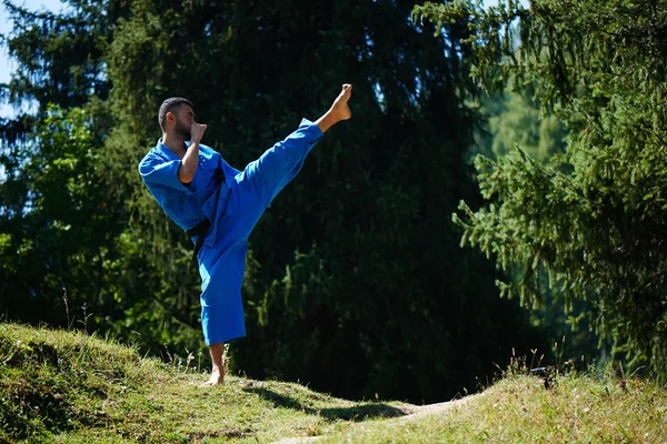 Petarung Karate Dari Asia Kazakh Bertempur Dalam Seragam Kimono Biru — Stok Foto