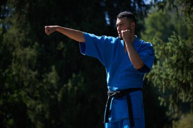 Asya Kazak karate savaşçı bir yaz güzel doğa manzara mavi kimono üniforma mücadele