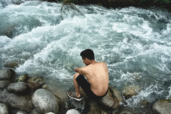 Kazakh Muscular Athlete Man Trains Exercises River Nature Asian Handsome — Stock Photo, Image