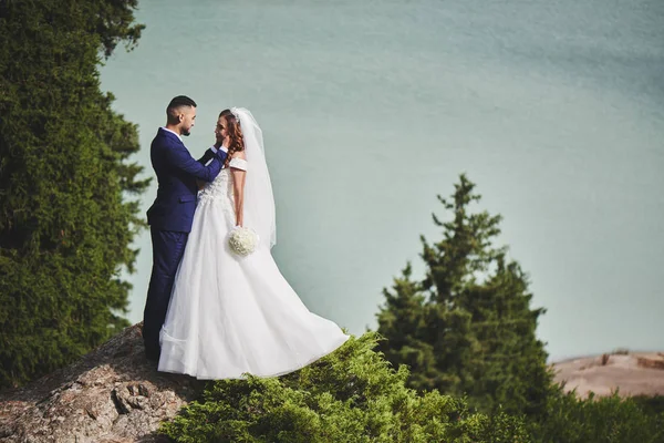 Bela Foto Casamento Lago Montanha Feliz Casal Asiático Amor Noiva — Fotografia de Stock