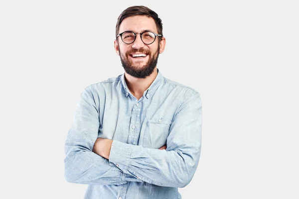 Face Amigável Retrato Homem Barbudo Caucasiano Autêntico Com Óculos Dentes — Fotografia de Stock