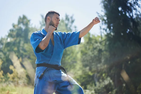 Asiático Cazaque Karatê Lutador Combate Azul Quimono Uniforme Verão Bela — Fotografia de Stock
