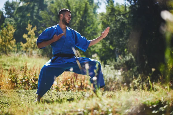 Petarung Karate Dari Asia Kazakh Bertempur Dalam Seragam Kimono Biru — Stok Foto