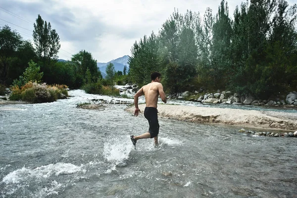 Asian Athlete Morning Run River Kazakh Jogger Nature Close — Stock Photo, Image