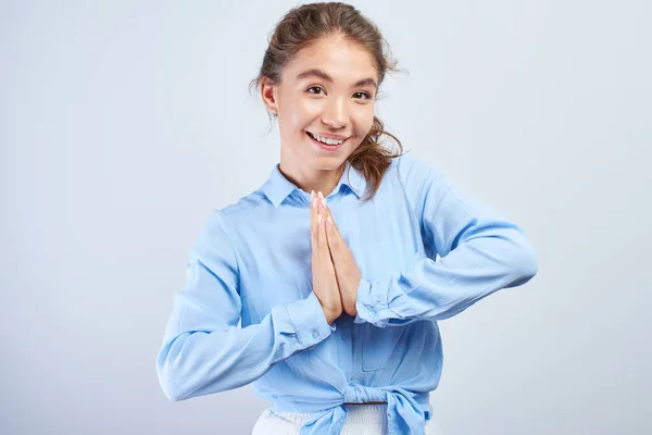 Positive Kazakh Asian Girl Hands Folded Prayer Pose Joyfully Friendly — Stock Photo, Image
