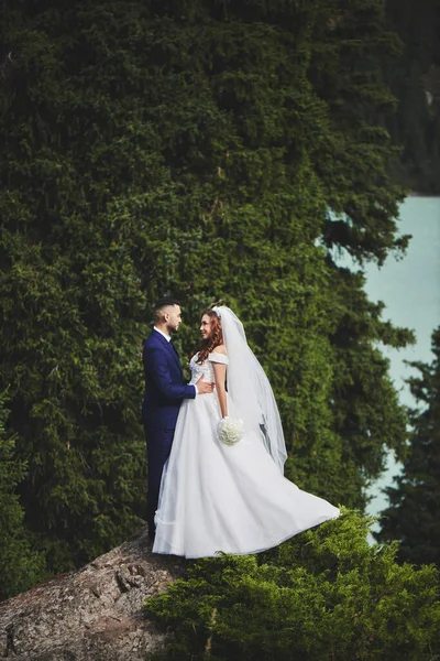 Vackert Bröllopsfoto Fjällsjö Lycklig Asiatisk Par Kärlek Brud Vit Klänning — Stockfoto