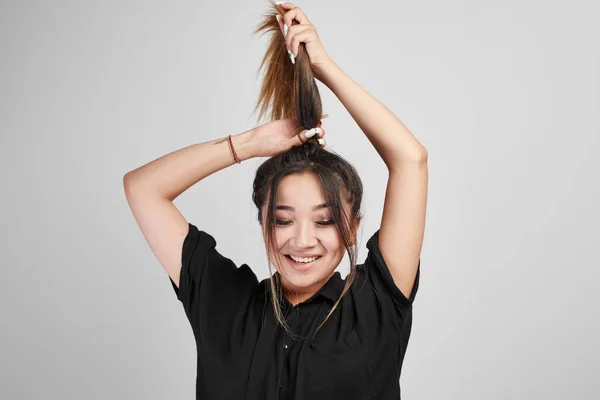 Cool Asian Kazakh Young Woman Dressed Black Makes Ponytail Hair — Stock Photo, Image