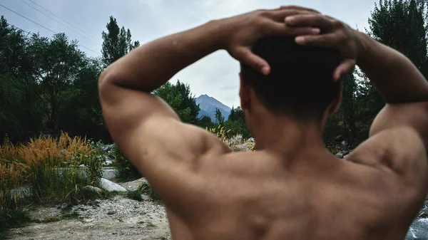 Kazakh Muscular Athlete Man Trains Exercises River Nature Asian Handsome — Stock Photo, Image
