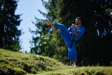 Asya Kazak karate savaşçı kopya alanı ile bir yaz güzel doğa manzara mavi kimono üniforma mücadele