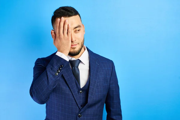 Kazakh Asian Businessman Blue Suit Tie Makes Face Palm Gesture — ストック写真