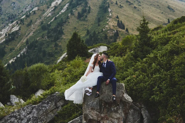 Beautiful wedding photo on mountain lake. Happy Asian couple in love, bride in white dress and groom in suit are photographed against background of the Kazakh landscape