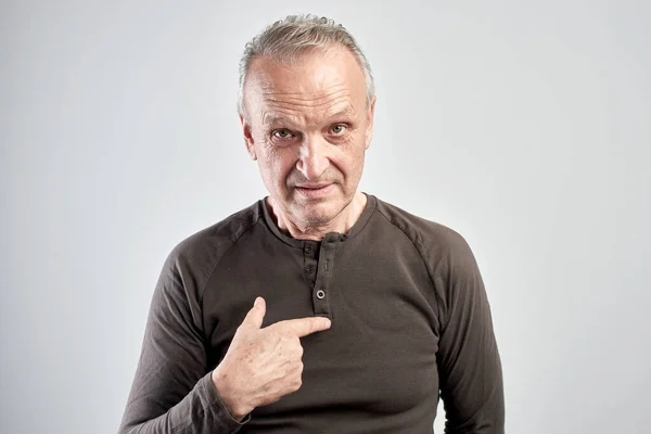 Old Gray Haired Man Points Finger Himself Senior Citizen Questioning — Stock Photo, Image