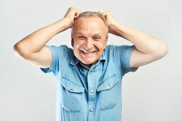 Confused Gray Haired Elderly Man Pulls Out Hair His Head — Stock Photo, Image