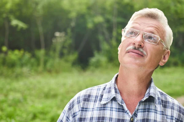 Close Portrait Handsome Gray Haired Adult Man Mustache Glasses Smiling — Stock Photo, Image