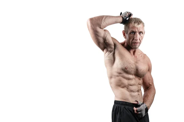 Close Portrait Old Brutal Bodybuilder Serious Face Posing Isolated White — Stock Photo, Image