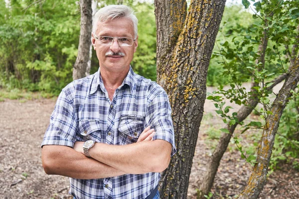 Close Portrait Handsome Gray Haired Adult Man Mustache Glasses Smiling — Stock Photo, Image