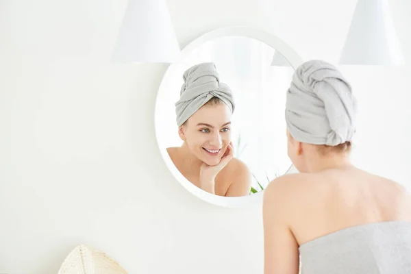 Portrait Young Girl Towel Head White Bathroom Looks Touches Her — Stock Photo, Image